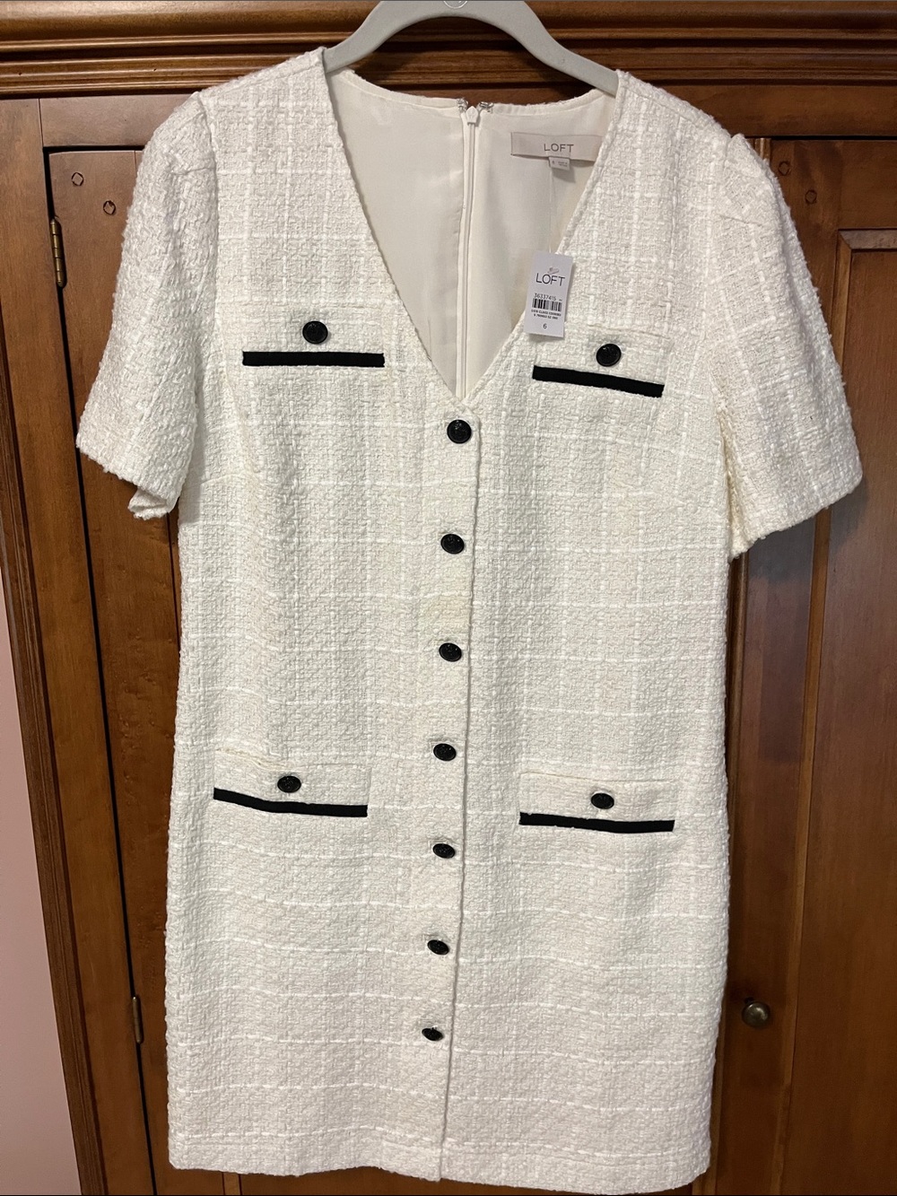 LOFT Ivory Tweed Button-Front Dress with Black Trim